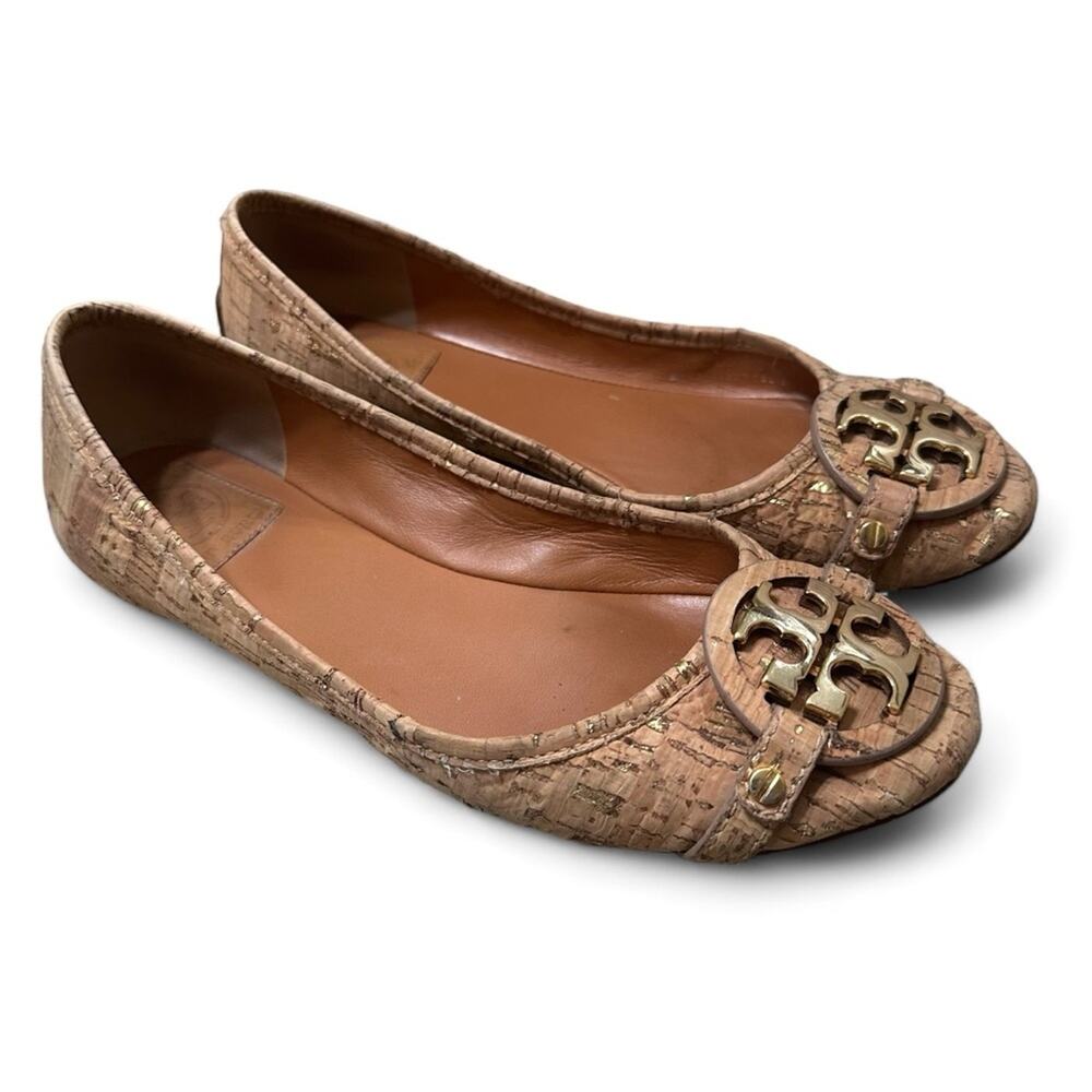 Tory Burch Tan Flats with Gold Logo
